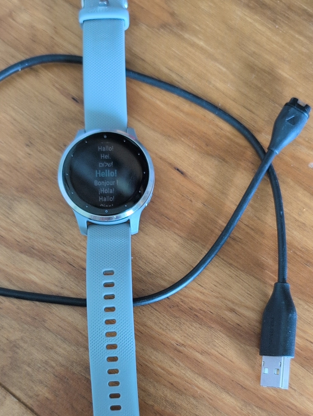 garmin round smartwatch with light gray strap and silver bezel